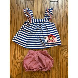 Stitchy Fish 18M Baby Girl Farm Barnyard Outfit Stripe Top Gingham Bloomer Set